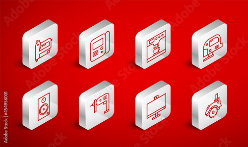 Set line Electric circular saw, House intercom system, Coffee machine and cup, jigsaw, Computer monitor, construction stapler, drill and Stereo speaker icon. Vector