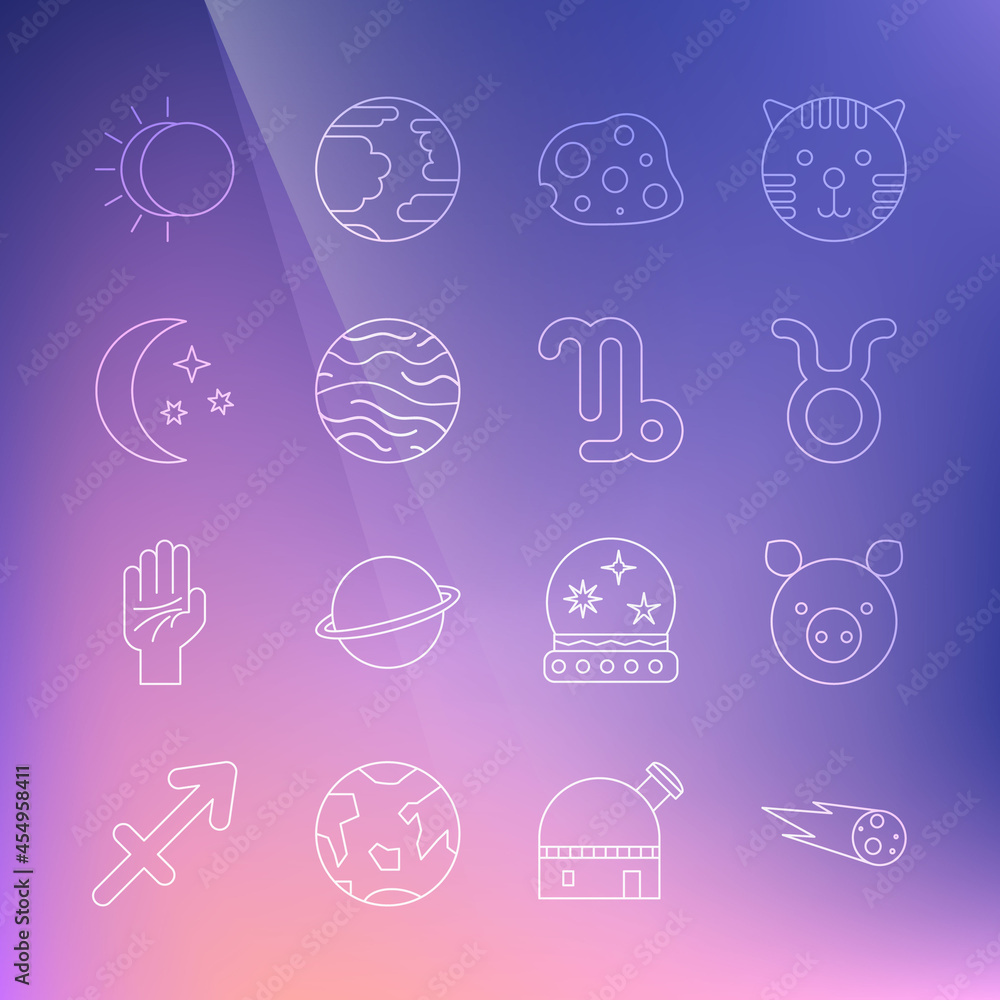 Set line Comet falling down fast, Pig zodiac, Taurus, Asteroid, Planet Venus, Moon and stars, Eclipse of the sun and Capricorn icon. Vector Set line Comet falling down fast, Pig zodiac, Taurus, Asteroid, Planet Venus, Moon and stars, Eclipse of the sun and Capricorn icon. Vector