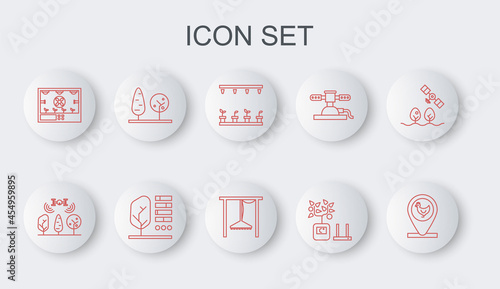 Set line Chicken farm and location, Smart with drone, Automatic irrigation sprinklers, farming technology, Trees, Plant status and icon. Vector