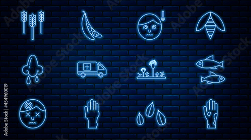 Set line Hand with psoriasis or eczema, Fish, High human body temperature, Emergency car, Runny nose, Wheat, Mold and Kidney beans icon. Vector