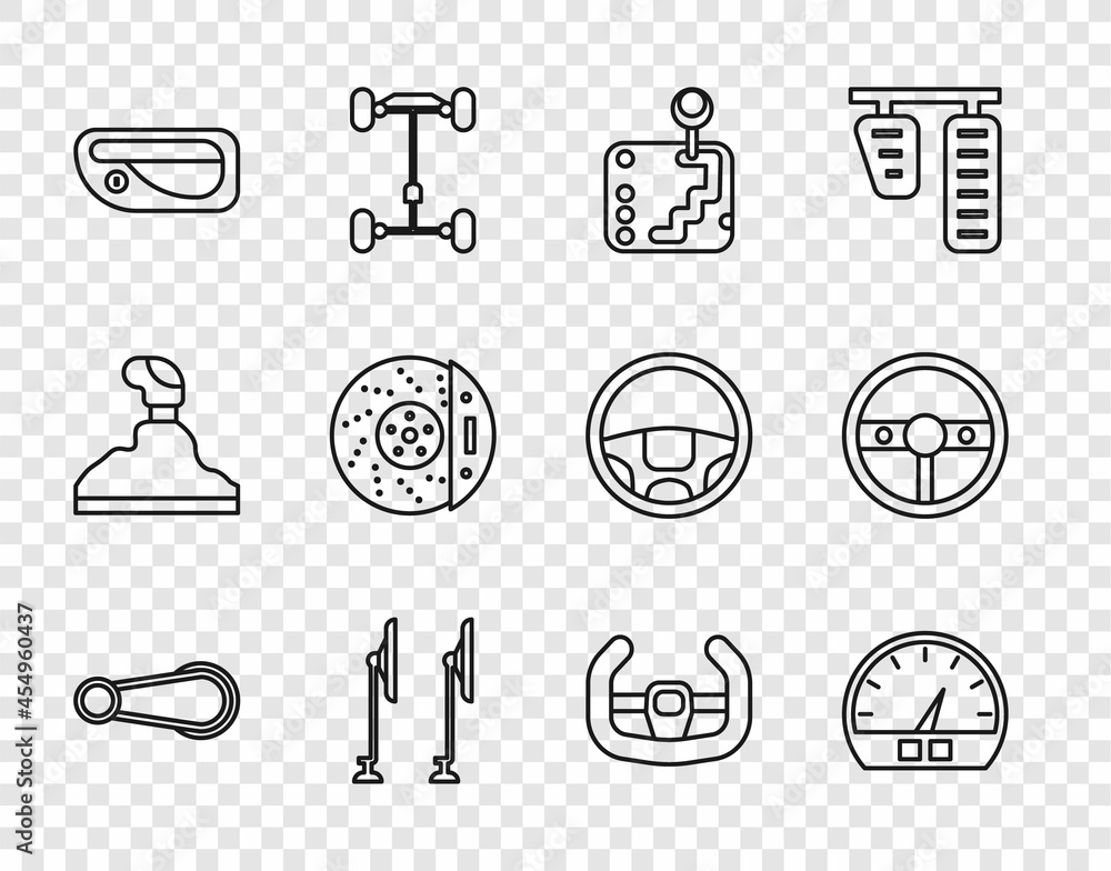 Set line Car door handle, Speedometer, Gear shifter, Windscreen wiper, brake disk with caliper, Sport steering wheel and Steering icon. Vector Set line Car door handle, Speedometer, Gear shifter, Windscreen wiper, brake disk with caliper, Sport steering wheel and Steering icon. Vector