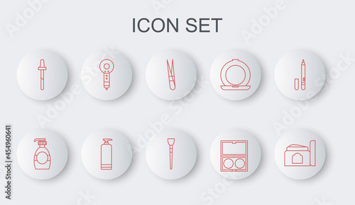 Set line Cream cosmetic tube, Bottle of liquid soap, Eyebrow tweezers, Makeup powder with mirror, Pipette, Hair dryer, and brush icon. Vector