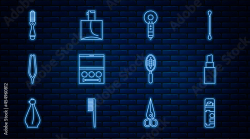 Set line Shaving gel foam, Lipstick, Hair dryer, Eye shadow palette, Eyebrow tweezers, Hairbrush, and Perfume icon. Vector