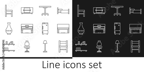 Set line Chair, Grand piano, Round table, Vase, Refrigerator and TV stand icon. Vector