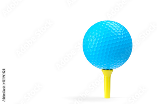 Blue golf ball on tee isolated on white background