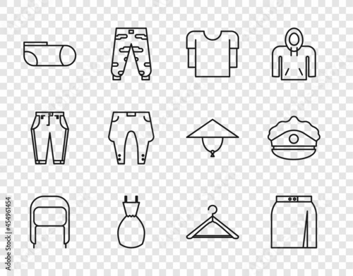 Set line Winter hat with ear flaps, Skirt, Long sleeve shirt, Woman dress, Sport socks, Pants, Hanger wardrobe and Police cap cockade icon. Vector