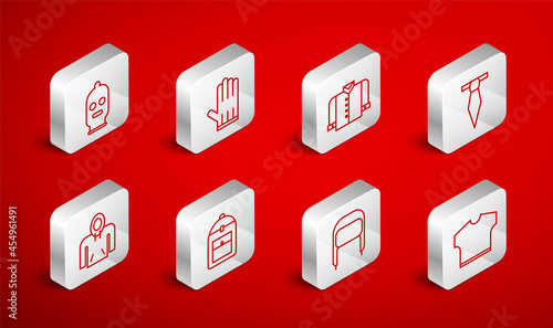 Set line T-shirt, Leather glove, Tie, Winter hat with ear flaps, Balaclava, Backpack and Hoodie icon. Vector