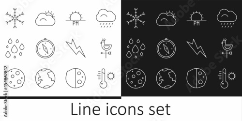 Set line Meteorology thermometer, Rooster weather vane, Sunset, Compass, Water drop, Snowflake, Lightning bolt and and cloud icon. Vector