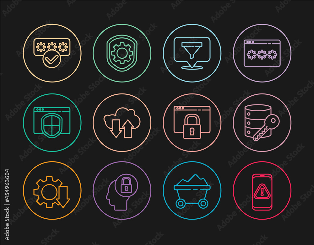 Set line Mobile with exclamation mark, Location sales funnel, Cloud download and upload, Browser shield, Password protection, Secure your site HTTPS, SSL and Shield settings gear icon. Vector Set line Mobile with exclamation mark, Location sales funnel, Cloud download and upload, Browser shield, Password protection, Secure your site HTTPS, SSL and Shield settings gear icon. Vector