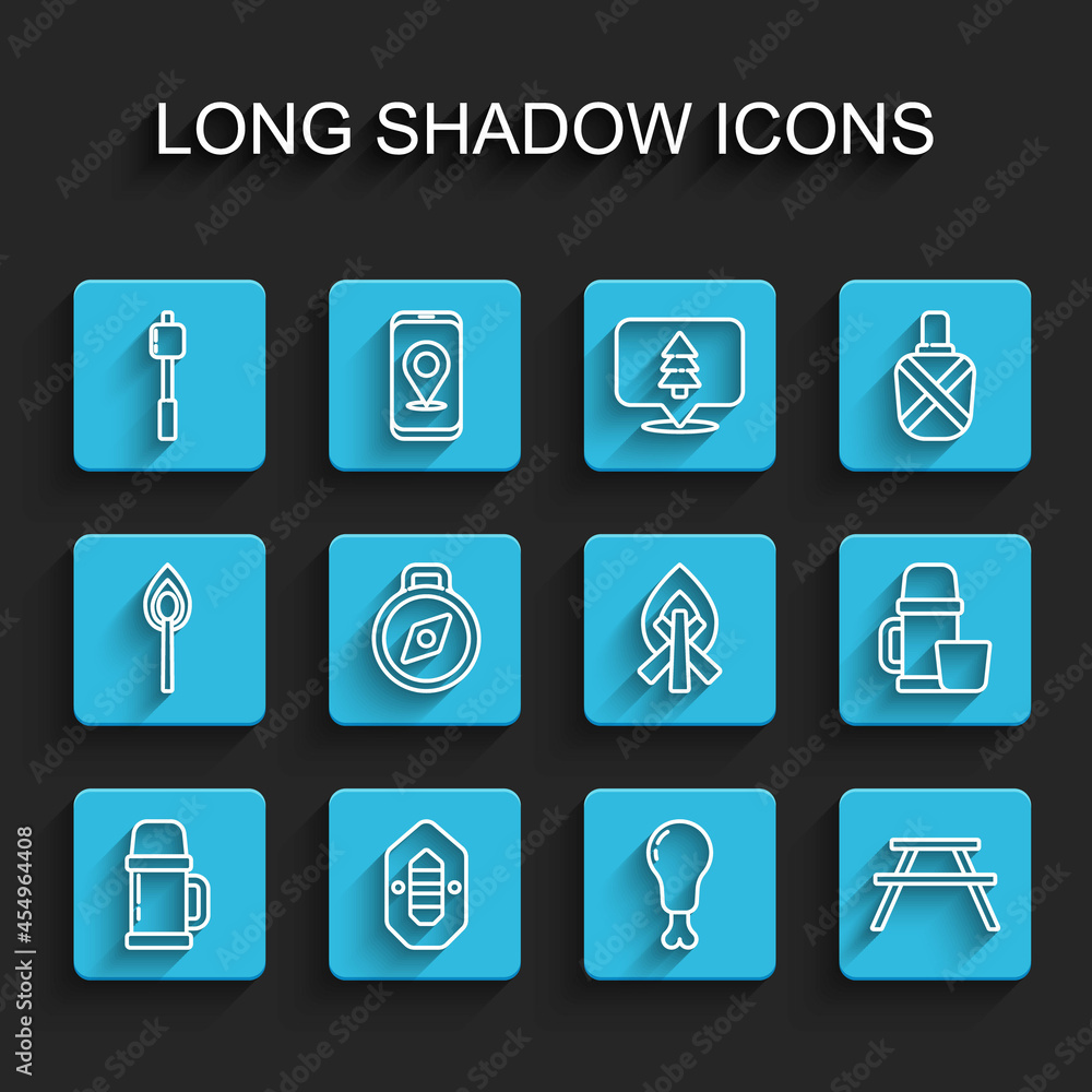 Set line Thermos container, Rafting boat, Marshmallow stick, Chicken leg, Picnic table with benches, Compass, and cup and Campfire icon. Vector Set line Thermos container, Rafting boat, Marshmallow stick, Chicken leg, Picnic table with benches, Compass, and cup and Campfire icon. Vector