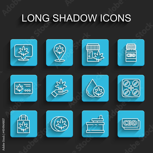 Set line Shopping paper bag of marijuana, Herbal ecstasy tablets, Location and cannabis, Manual grinder, Cannabis molecule, Marijuana or leaf, Medical pills with and olive oil icon. Vector