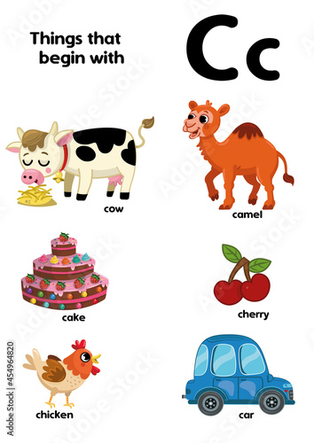 Things that start with the letter C. Vector illustration.