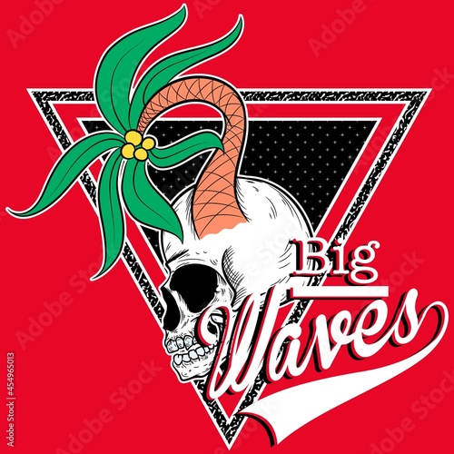 skull style surf with palm and text big waves and red background