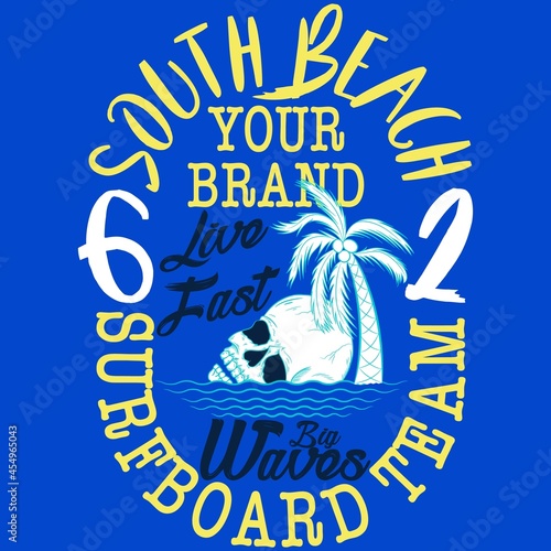 skull style surf with palm text and blue background