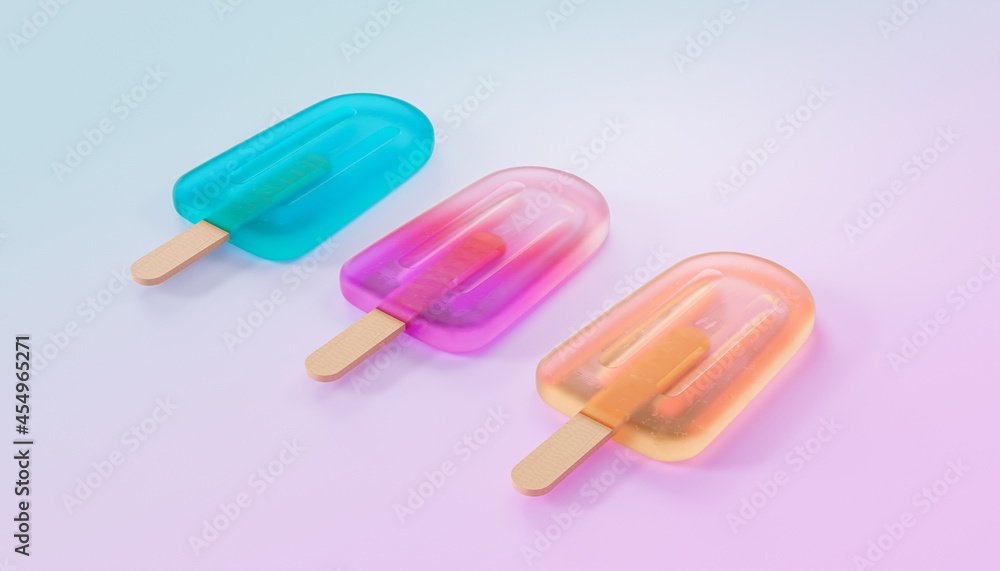 Frozen fruit popsicles on gradient background, 3d minimal render Frozen fruit popsicles on gradient background, 3d minimal render
