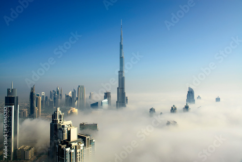 Stampa su tela Dubai city view in Fog, United Arab Emirates