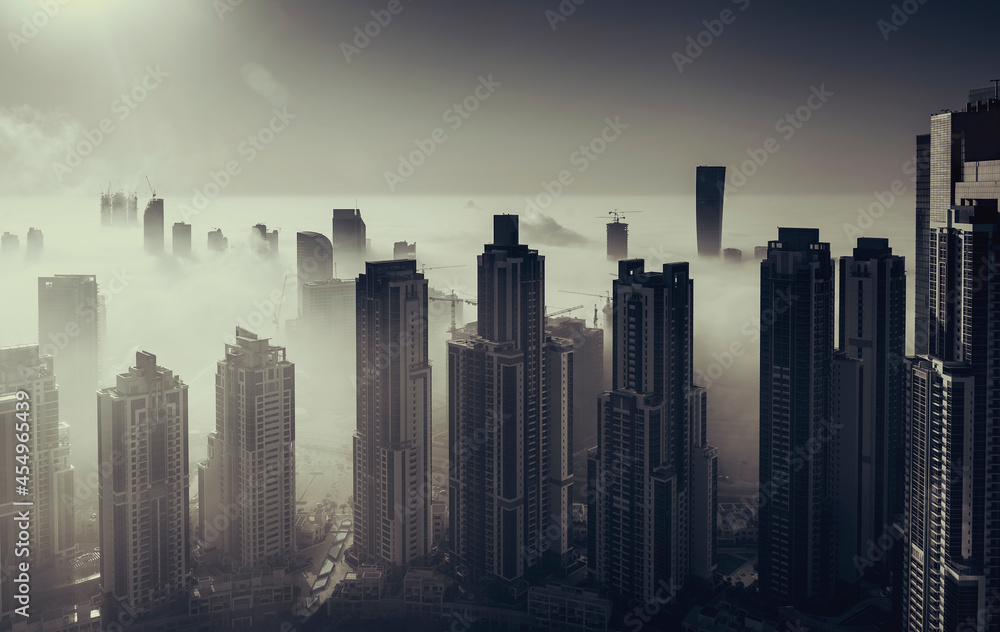 Dubai city view in Fog, United Arab Emirates