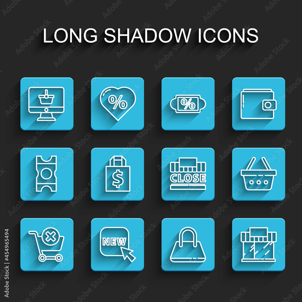 Set line Remove shopping cart, Button with text New, Monitor basket, Handbag, Shopping building market store, Shoping dollar, and closed icon. Vector Set line Remove shopping cart, Button with text New, Monitor basket, Handbag, Shopping building market store, Shoping dollar, and closed icon. Vector