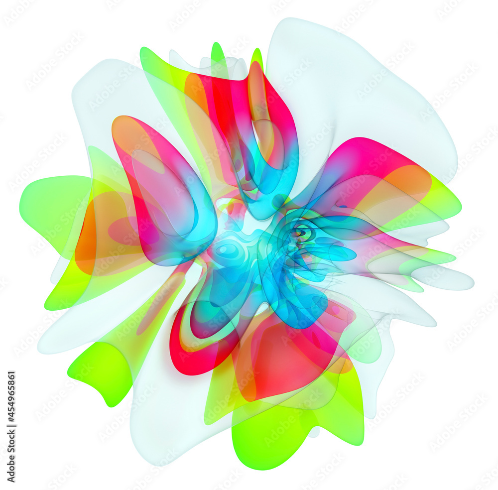 3d render of abstract art with surreal alien blossom flower in curve wavy elegance biological lines forms in white red green and toxic green gradient color on isolated white background