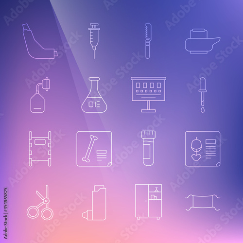 Set line Medical protective mask, X-ray shots, Pipette, saw, Test tube and flask, oxygen, Inhaler and Eye test chart icon. Vector