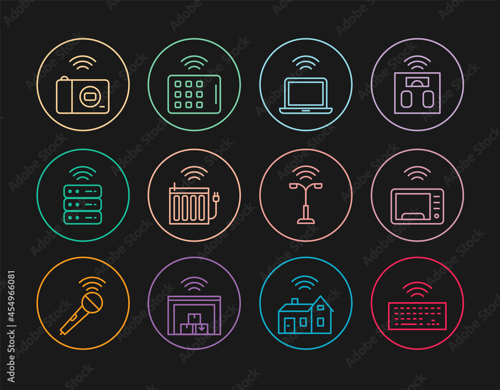 Set line Wireless keyboard, Smart microwave oven, laptop, heating radiator, server, photo camera, street light and tablet icon. Vector Set line Wireless keyboard, Smart microwave oven, laptop, heating radiator, server, photo camera, street light and tablet icon. Vector