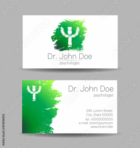 Psychology Vector Business Visit Card with Letter Psi Psy in Green Color. Modern logo Creative style. Human Head Profile Silhouette Design concept. Branding company