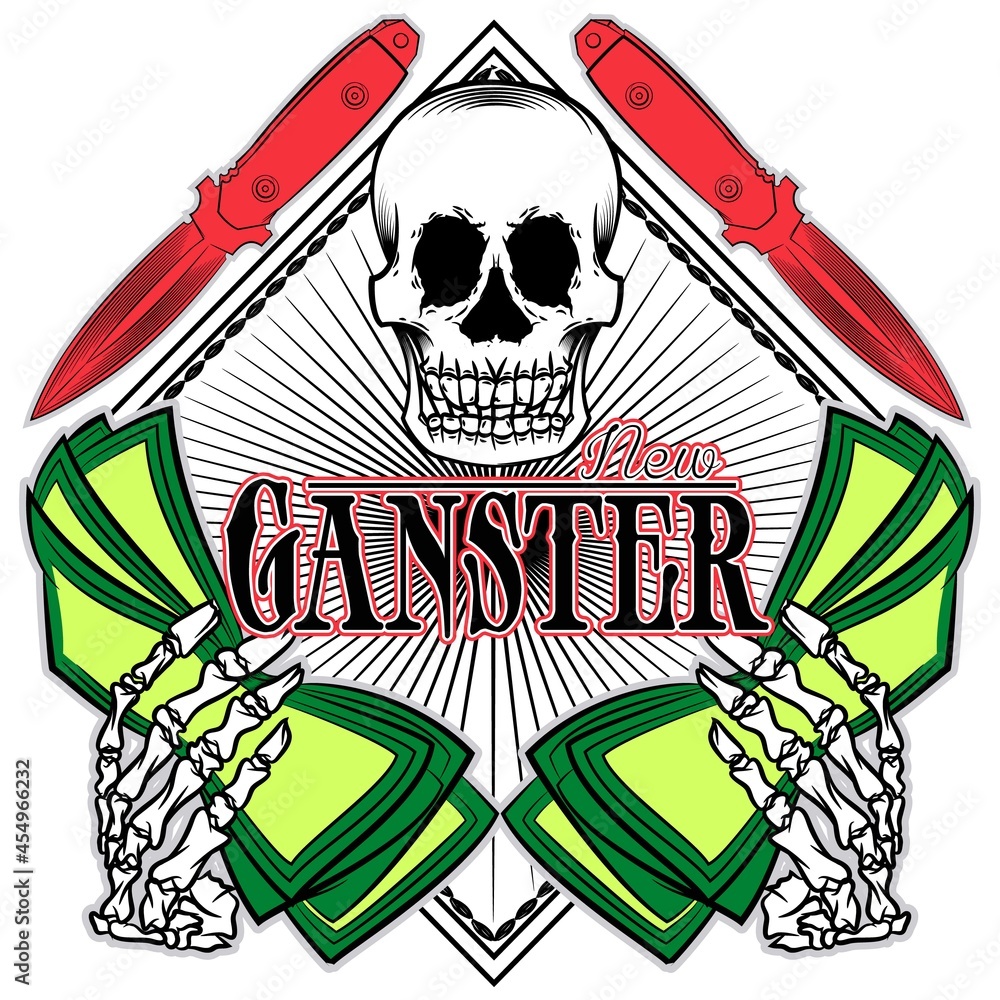 Naklejka premium Skull with hand and money Text gangster and weapons