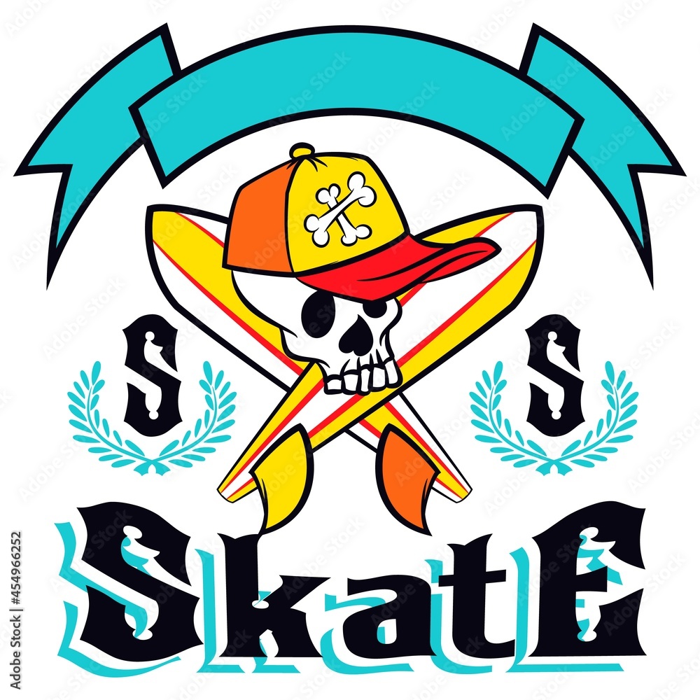 Skull with cap and surfboards text Skate and ribbon background