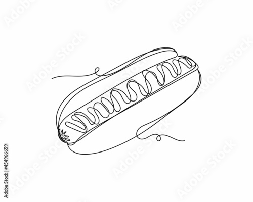 Continuous one line drawing of hot dog with ketchup and mustard icon in silhouette on a white background. Linear stylized.