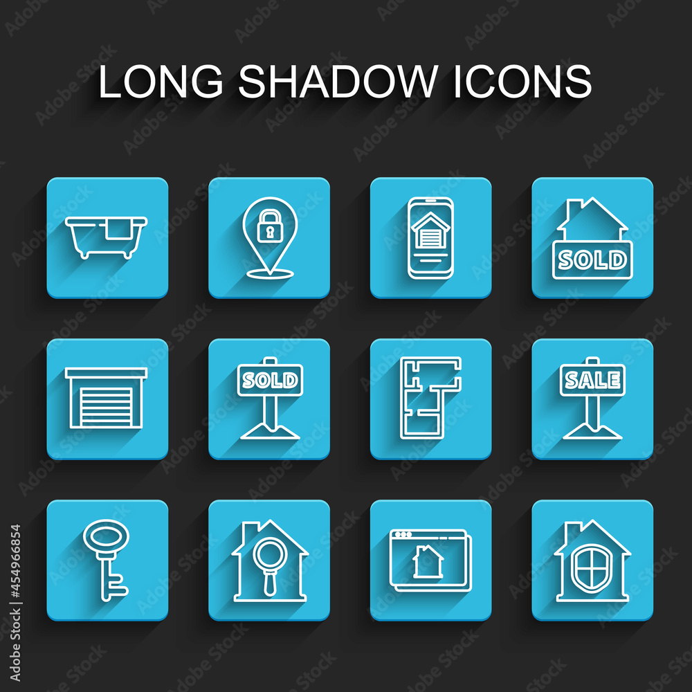 Set line House key, Search house, Bathtub, Online real estate, under protection, Hanging sign with text Sold, Sale and plan icon. Vector Set line House key, Search house, Bathtub, Online real estate, under protection, Hanging sign with text Sold, Sale and plan icon. Vector
