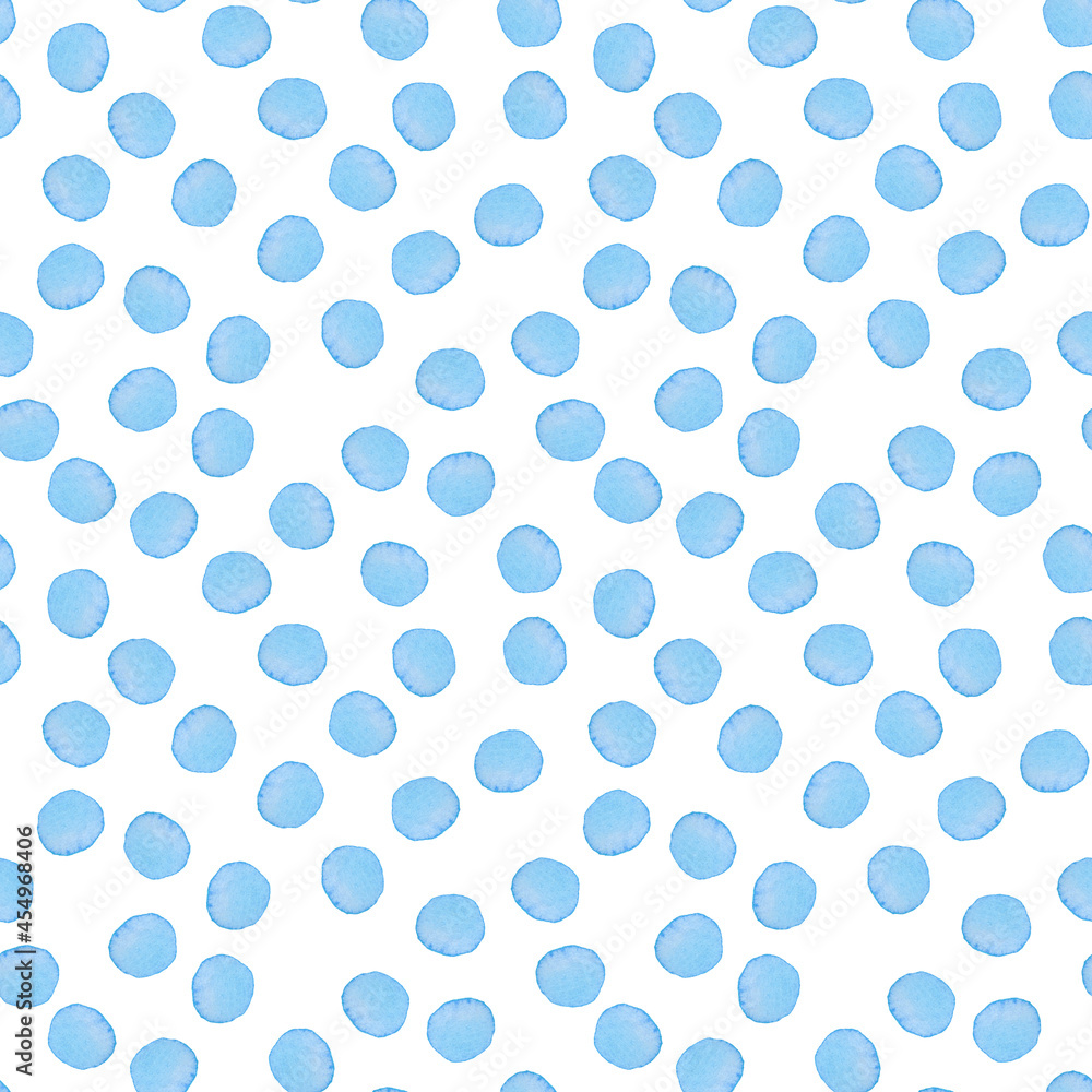 Hand Painted Brush Polka Dot Seamless Watercolor Pattern. Abstract watercolour Round Circles in Blue Color. Artistic Design for Fabric and Background