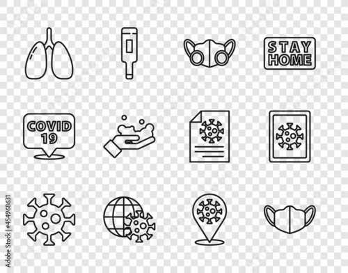 Set line Virus, Medical protective mask, Earth globe with virus, Lungs, Washing hands soap, Corona 2019-nCoV on location and statistics monitor icon. Vector