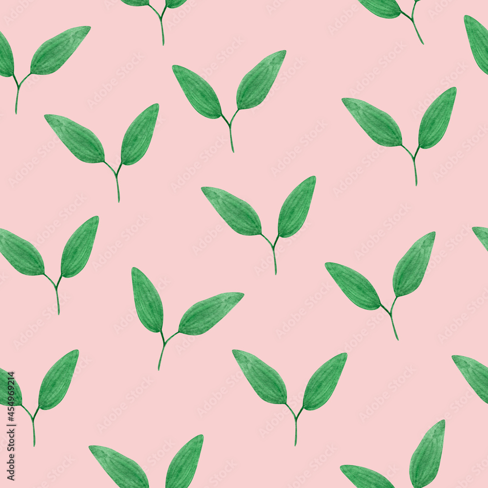 Green leaves on pink background watercolor seamless pattern. Template for decorating designs and illustrations.