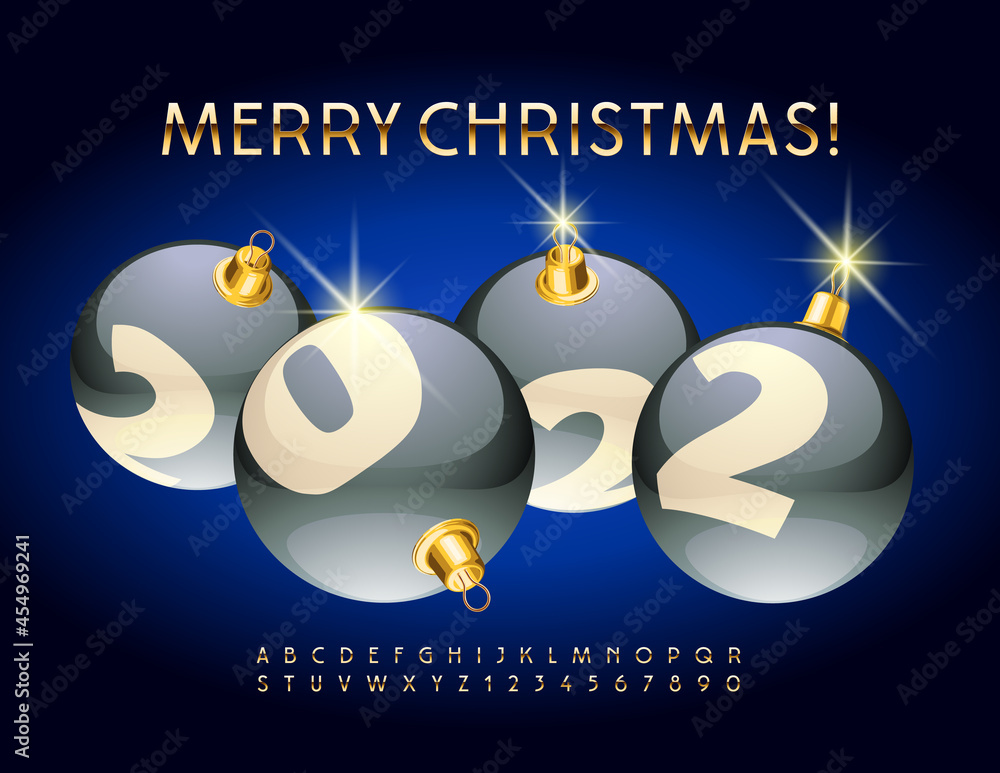 Vector premium Greeting Card Merry Christmas 2022 with Decorative Balls. Golden Alphabet Letters and Numbers set. Shiny elegant Font