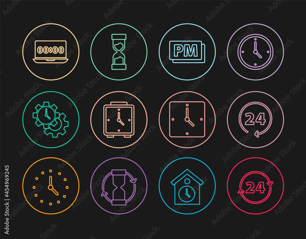 Set line Clock 24 hours, PM, Alarm clock, Time Management, on laptop, and Old hourglass icon. Vector Set line Clock 24 hours, PM, Alarm clock, Time Management, on laptop, and Old hourglass icon. Vector