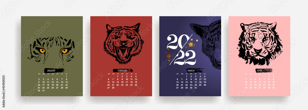 Calendar 2022, calendar 2022, Year of the tiger. January, february, march, april. Sunday week start, corporate design planner template. Vector illustration. Isolated on white background.