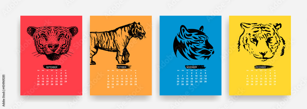 Calendar 2022, calendar 2022, Year of the tiger. September, october, november, december. Sunday week start, corporate design planner template. Vector illustration. Isolated on white background.