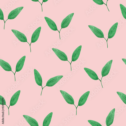Green leaves on pink background watercolor seamless pattern. Template for decorating designs and illustrations.