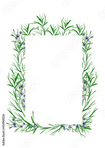 Juniper postcard frame from branches watercolor template. Template for decorating designs and illustrations.