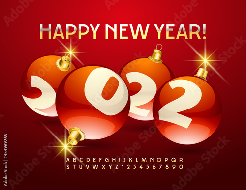 Vector Greeting Card Happy New Year 2022 with decorative Red Christmas Balls. Elegant metal Font. Gold Alphabet Letters and Numbers