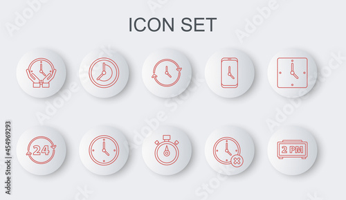Set line Digital alarm clock, Clock 24 hours, delete, and Stopwatch icon. Vector