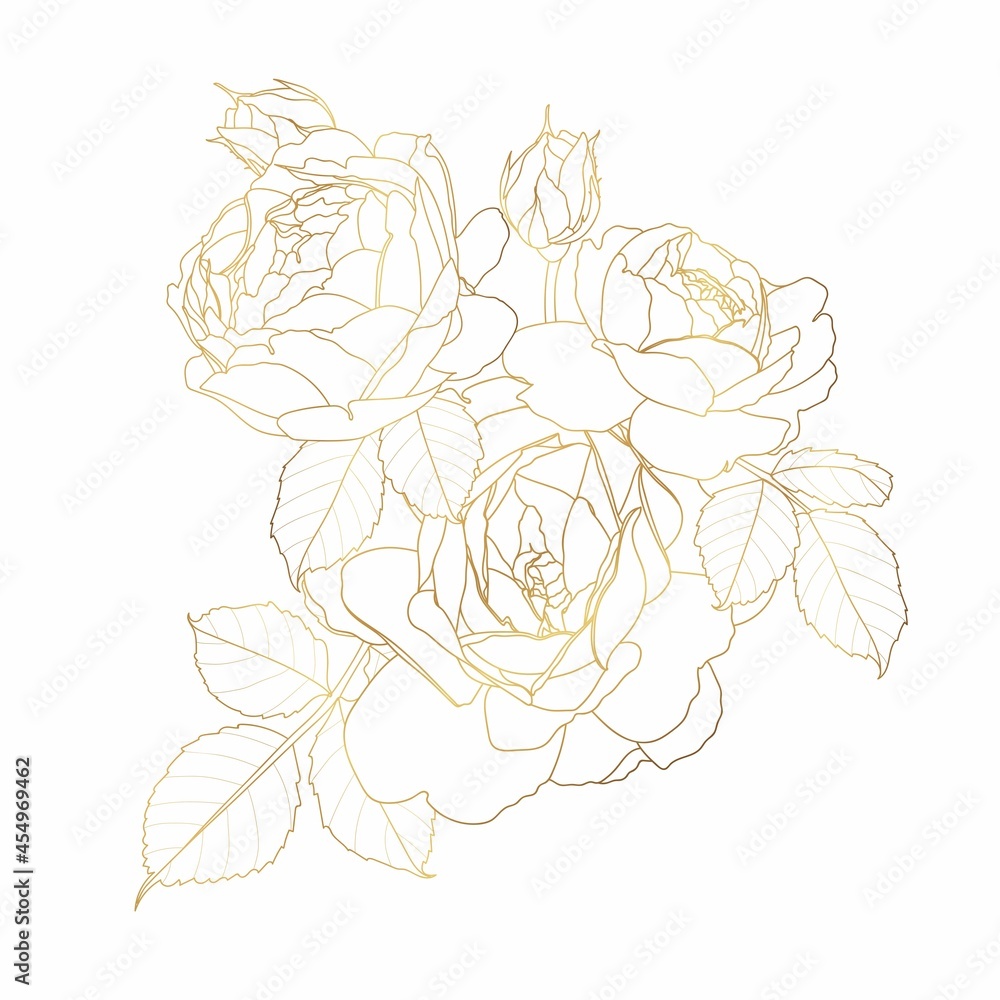 Rose flowers and leaves composition with golden gradient. Isolated on white. Hand drawn line illustration