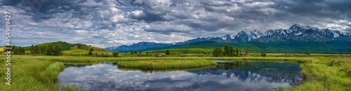 picturesque view of river flowing among mountains at summer day © photollurg