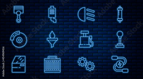 Set line Car battery jumper power cable, Gear shifter, High beam, Funnel and oil drop, brake disk with caliper, Engine piston, air pump and muffler icon. Vector