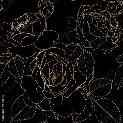 Gold roses flower line silhouette pattern , seamless repeatable texture wallpaper on black background.