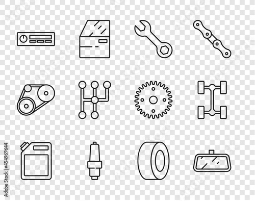 Set line Canister for gasoline, Car mirror, Wrench spanner, spark plug, Audio, Gear shifter, tire and Chassis car icon. Vector