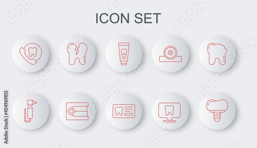 Set line Dental implant, Tooth drill, Tube of toothpaste, clinic location, Online dental care, Broken, Dentures model and card icon. Vector