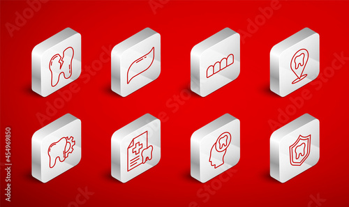 Set line Dental protection, Toothpaste, Dentures model, clinic location, Human head with tooth, Broken, card and treatment procedure icon. Vector