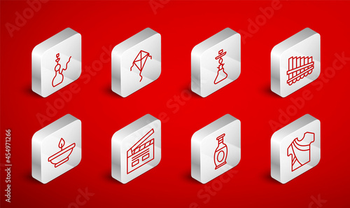 Set line Indian man dress, Kite, Hookah, Pan flute, vase, Bollywood indian cinema and Aroma lamp icon. Vector