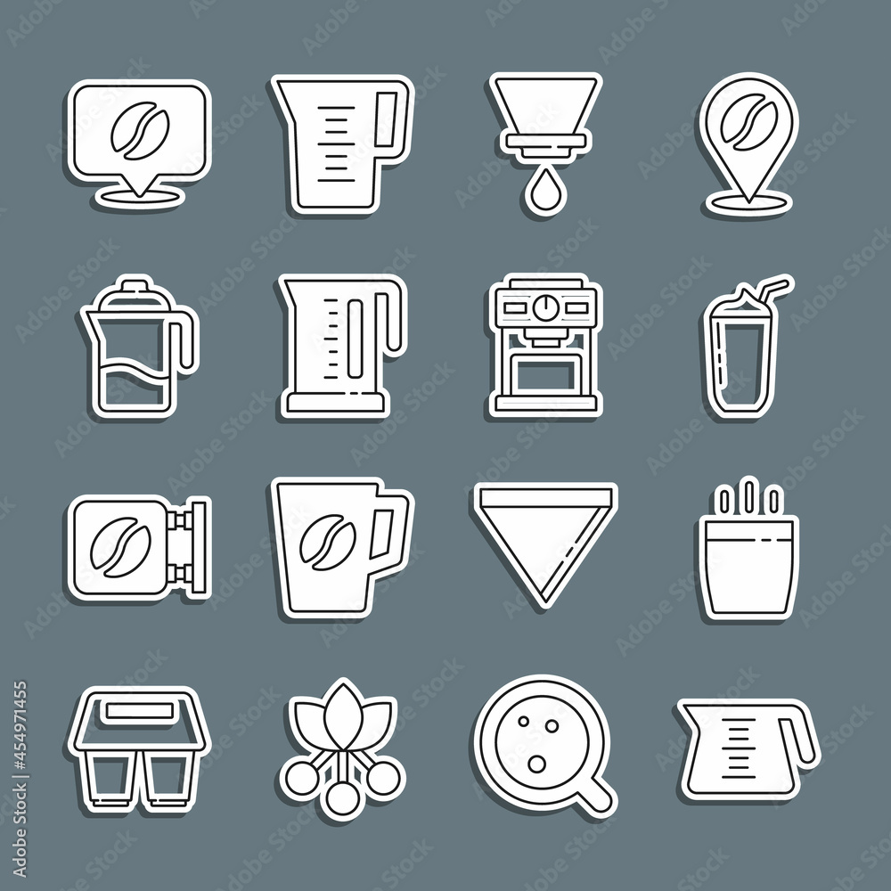 Set line Coffee pot, cup, Milkshake, V60 coffee maker, Electric kettle, French press, Location with bean and machine icon. Vector Set line Coffee pot, cup, Milkshake, V60 coffee maker, Electric kettle, French press, Location with bean and machine icon. Vector